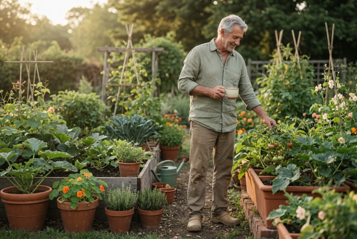 An active man in his late sixties tending a lush vegetable garden with a coffee mug in hand, in warm morning light.