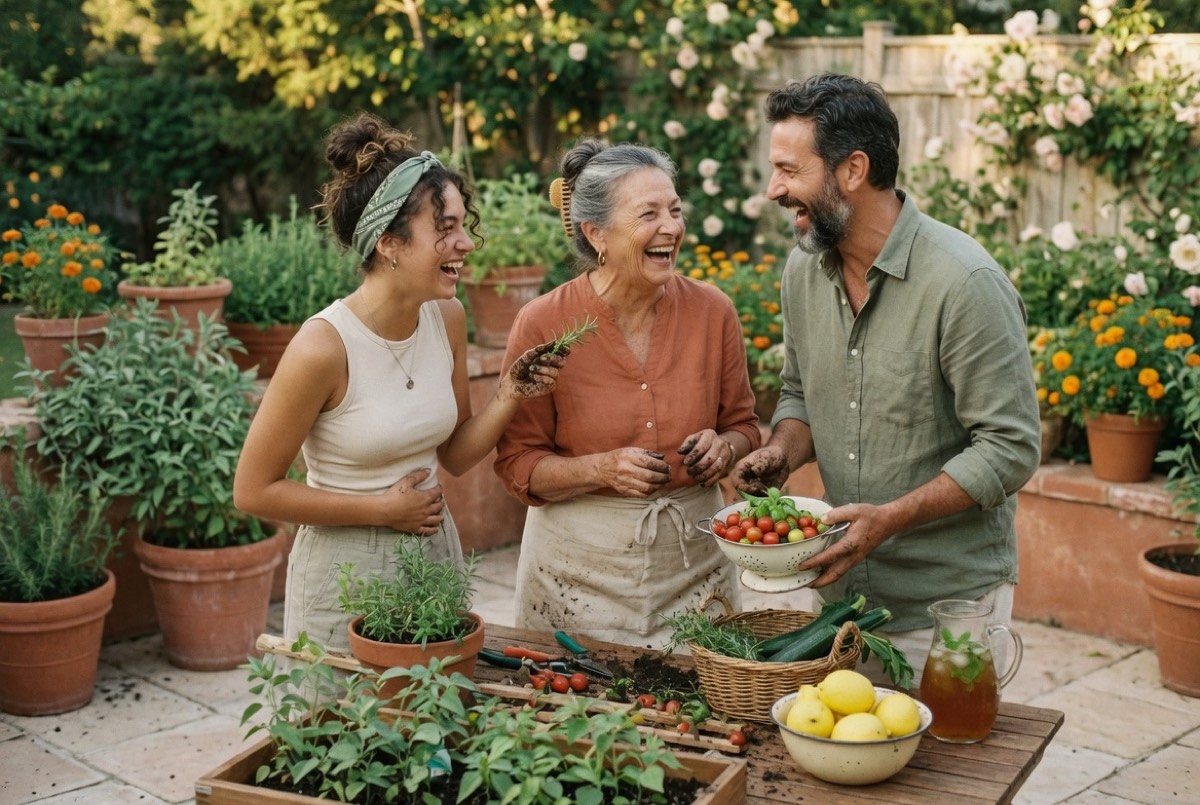 Three generations: a grandmother, her adult son, and her adult daughter, laughing together while gardening and harvesting vegetables outdoors.